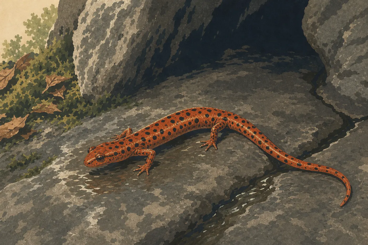 Illustration sérigraphiée : Une salamandre des cavernes orange et tachetée posée sur la roche humide près d’une entrée.