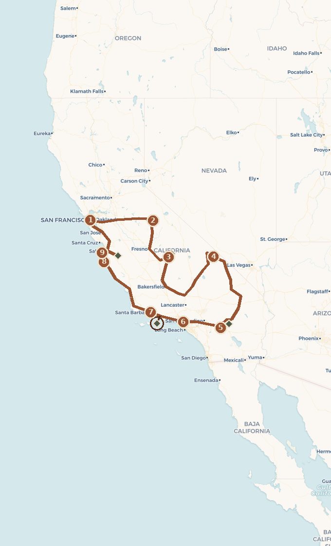 Carte du tracé : Les parcs de Californie