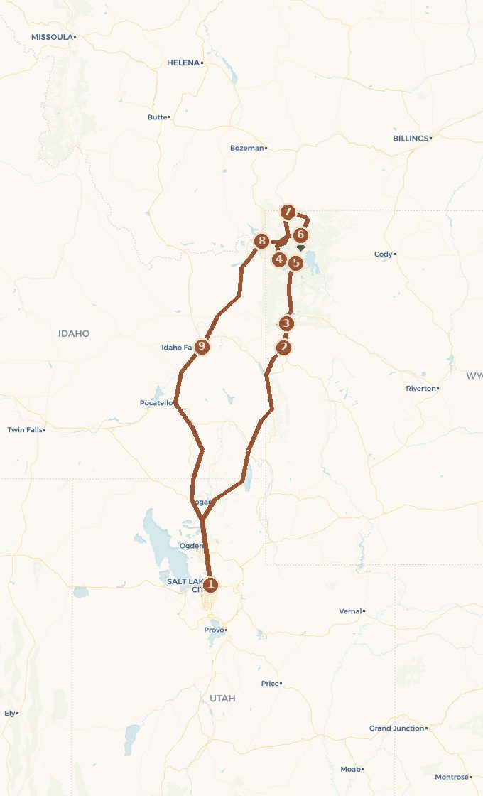 Carte du tracé : Yellowstone et Grand Teton