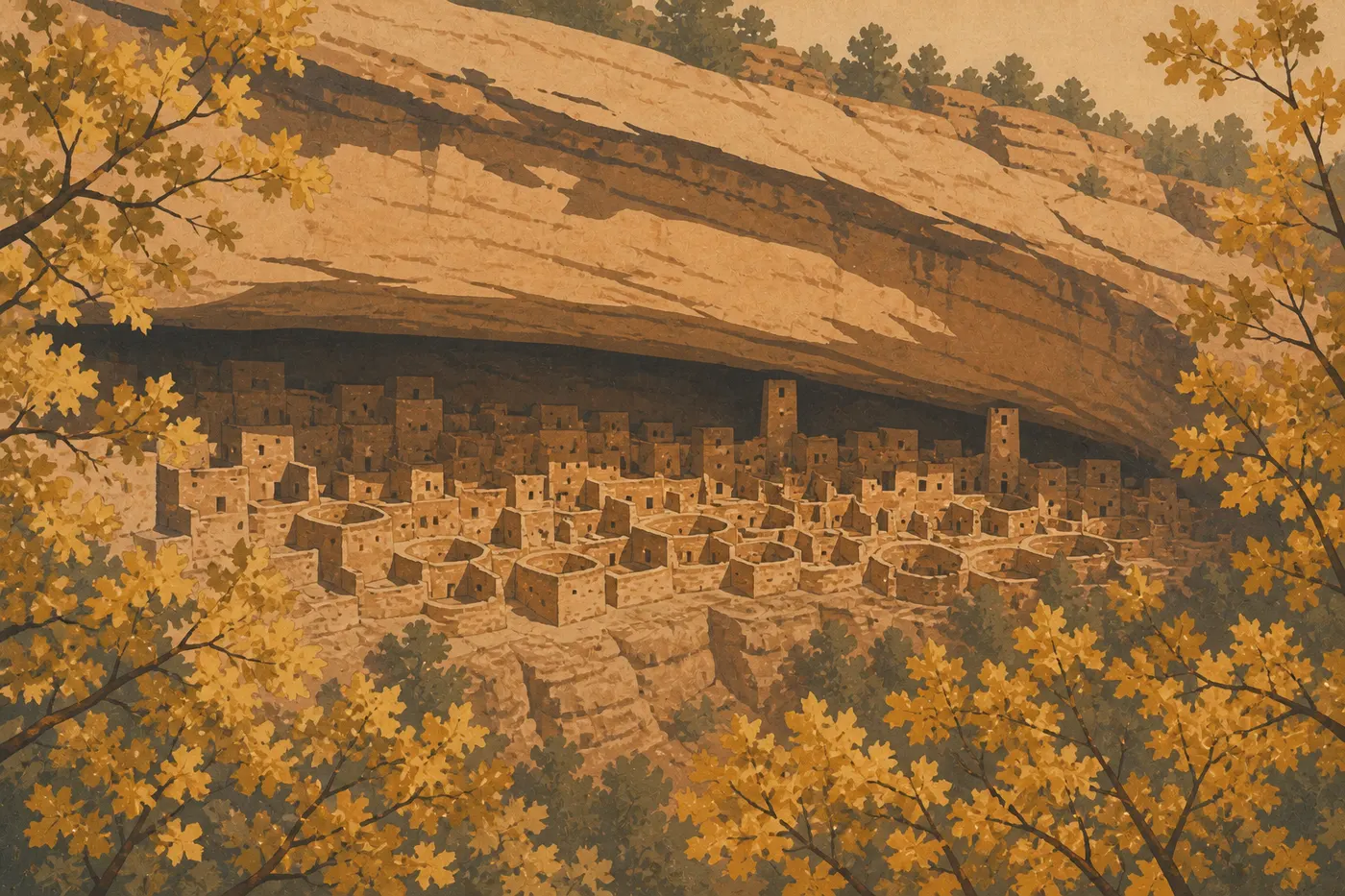 Illustration sérigraphiée : Cliff Palace baigné par la lumière matinale d'automne, encadré de chênes de Gambel aux teintes dorées.