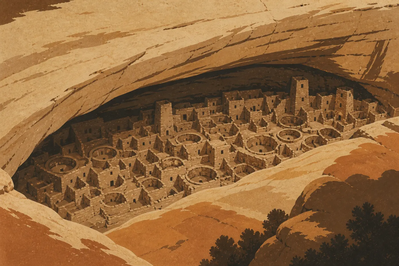 Illustration sérigraphiée : Cliff Palace déployant ses tours de pierre sous l'immense alcôve de grès, vu depuis le belvédère supérieur.