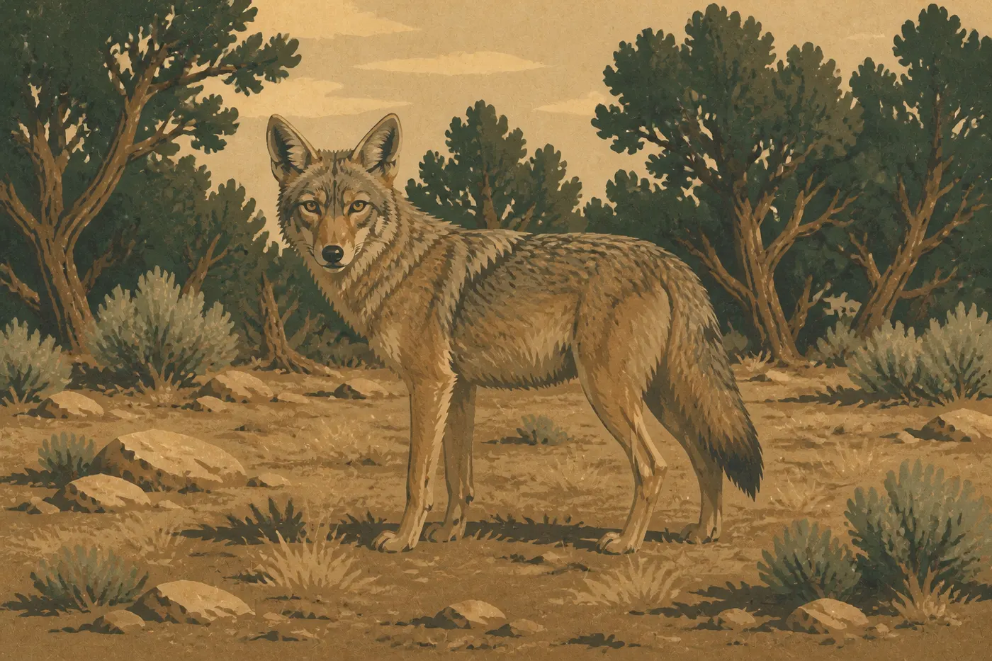 Illustration sérigraphiée : Un coyote solitaire debout dans une clairière de la forêt de pins pignons et genévriers du parc.