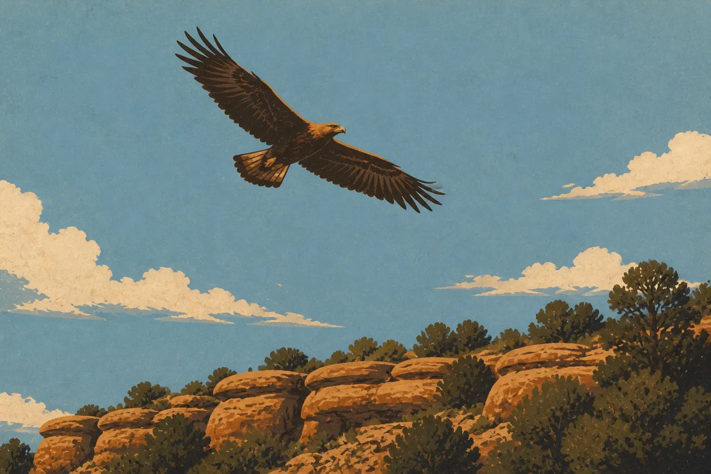 Illustration sérigraphiée : Un aigle royal planant au-dessus du chaparral de chênes et des falaises découpées de Mesa Verde.