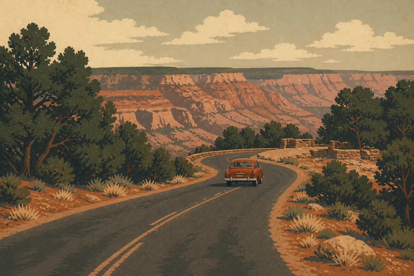 Illustration sérigraphiée : Une voiture parcourant Mesa Top Loop Road entre forêt de genévriers, belvédères et sites pueblo ancestraux.