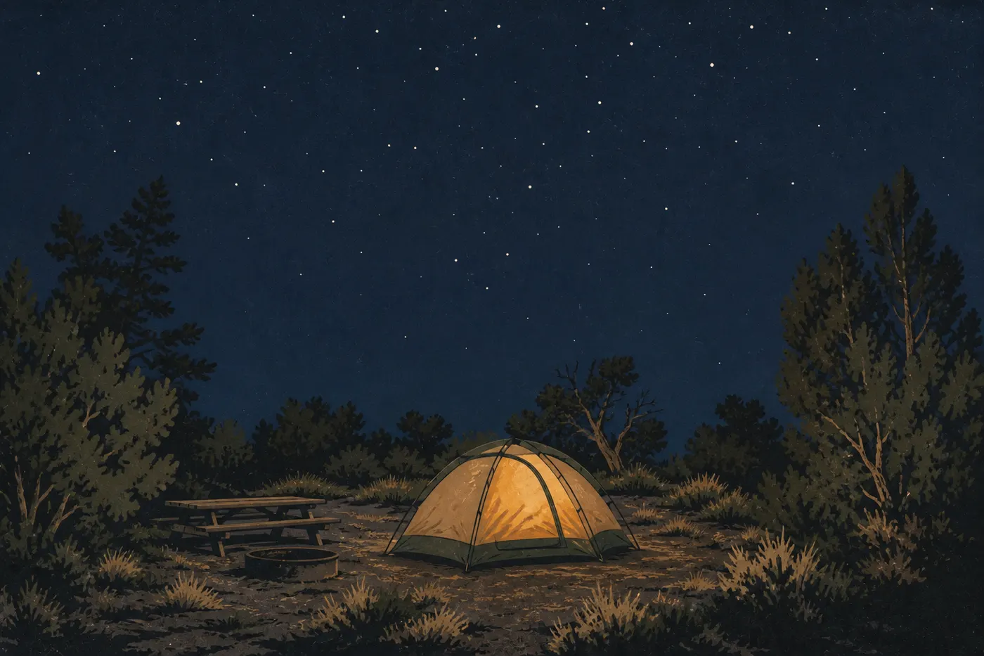 Illustration sérigraphiée : Une tente installée parmi les chênes et genévriers de Morefield Campground sous un ciel étoilé dégagé.