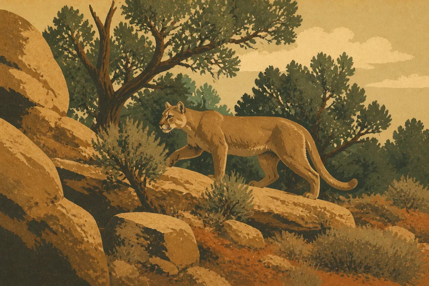 Illustration sérigraphiée : Un puma discret avançant entre rochers et genévriers dans l'habitat escarpé des canyons de Mesa Verde.