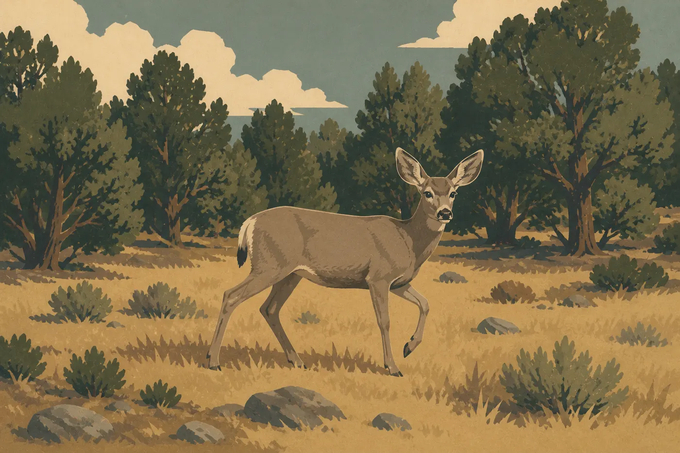 Illustration sérigraphiée : Un cerf mulet aux grandes oreilles traversant une prairie claire bordée de pins pignons et genévriers.