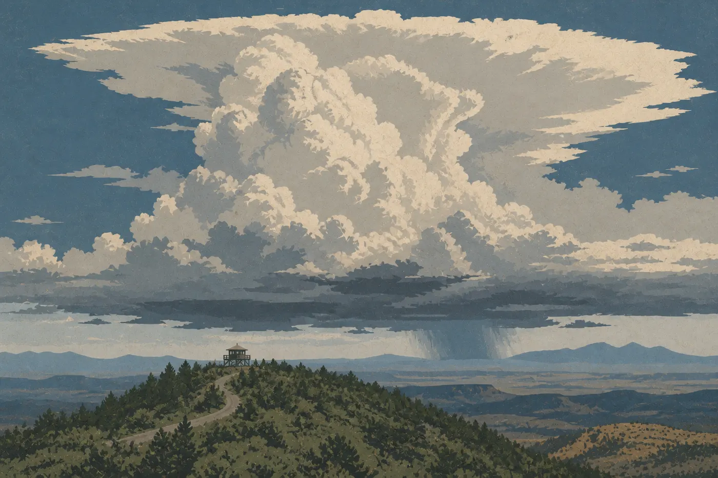 Illustration sérigraphiée : De hauts nuages d'orage d'été dominant Park Point et le panorama ouvert sur la région des Four Corners.