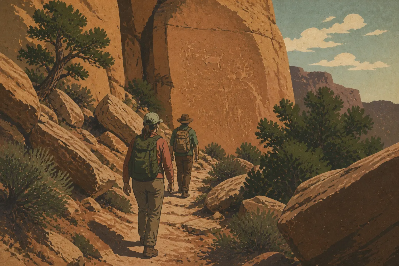 Illustration sérigraphiée : Des randonneurs progressant entre blocs de grès sur Petroglyph Point Trail vers le grand panneau gravé.