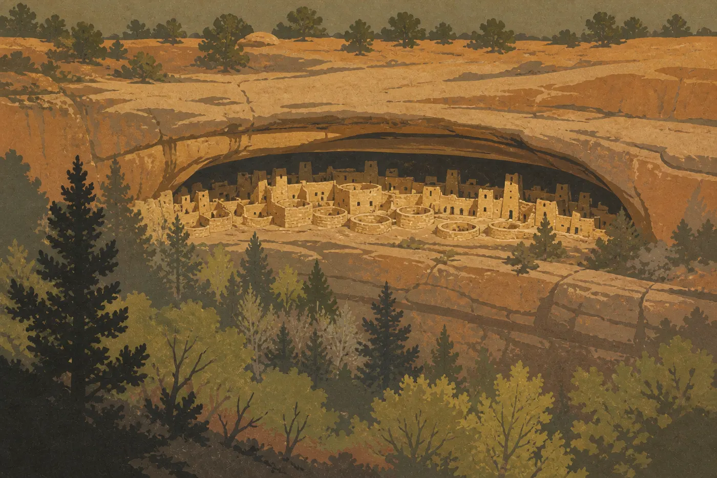 Illustration sérigraphiée : Spruce Tree House éclairé par le soleil bas du printemps sous son alcôve, avec la végétation renaissante.