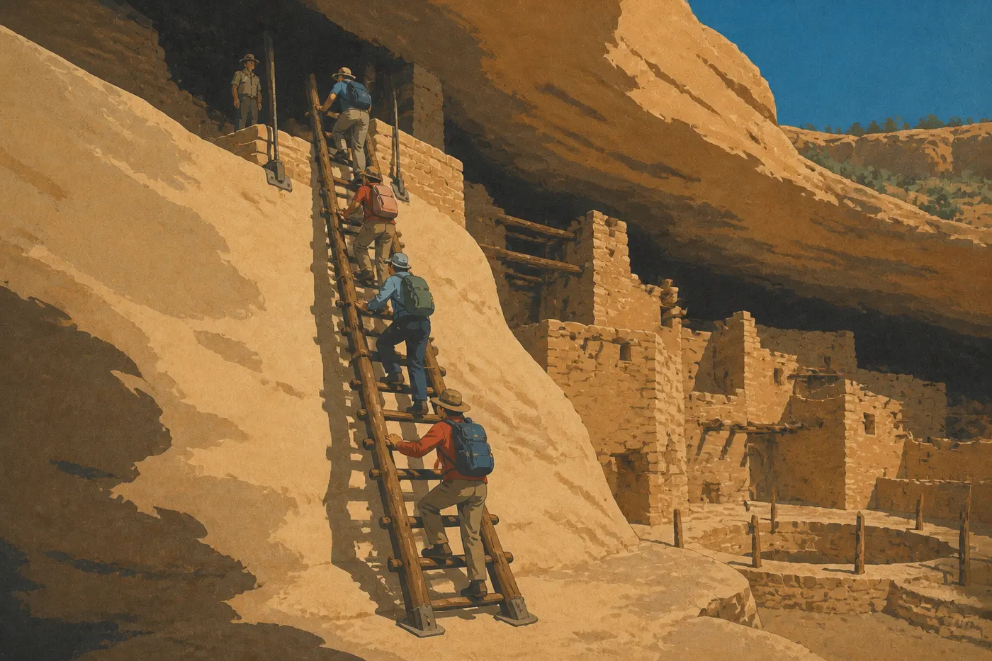 Illustration sérigraphiée : Des visiteurs gravissant la grande échelle de Balcony House sous le soleil vif et le ciel bleu estival.
