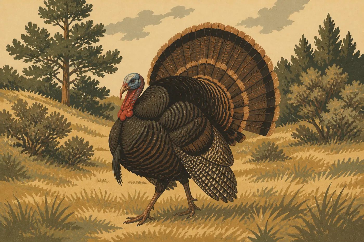 Illustration sérigraphiée : Un dindon sauvage mâle avançant dans une prairie ensoleillée de Morefield Campground, plumage largement déployé.