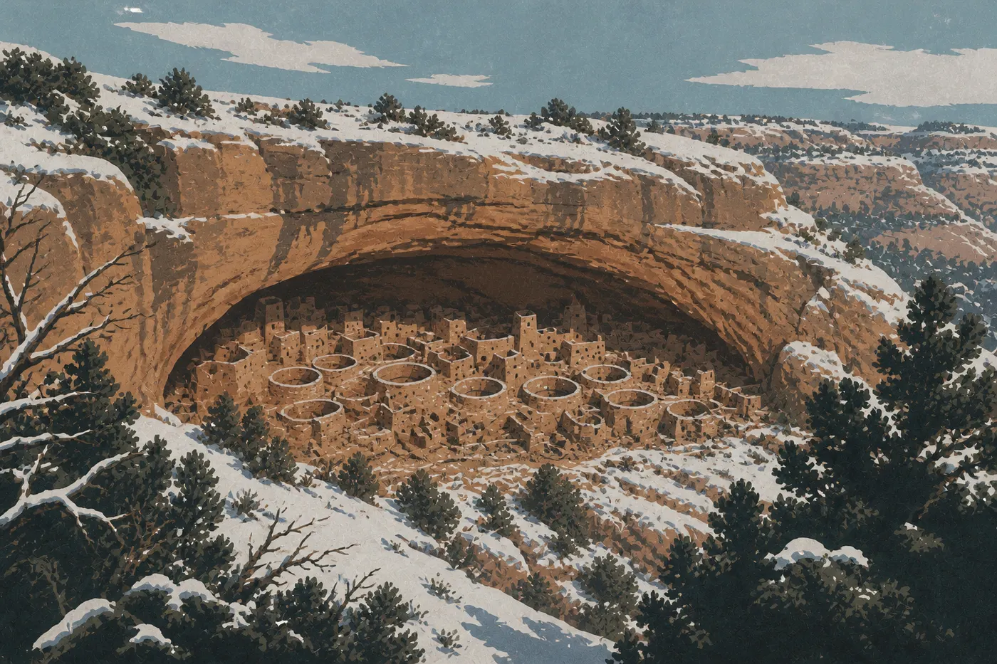 Illustration sérigraphiée : Spruce Tree House et les parois de Spruce Canyon soulignés par une couche de neige hivernale.