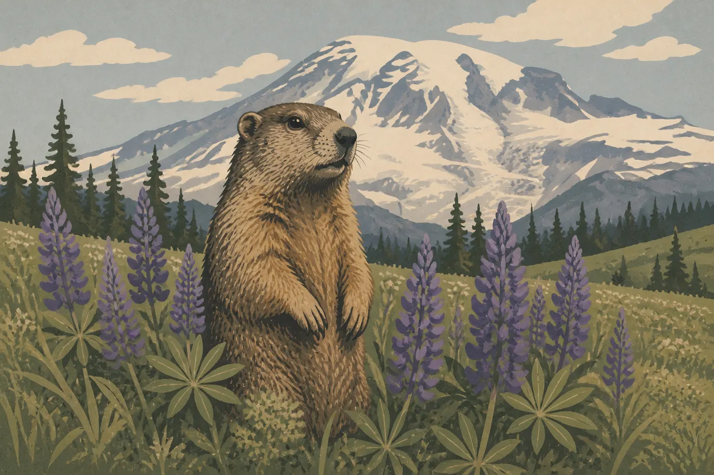 Illustration sérigraphiée : La marmotte des Cascades