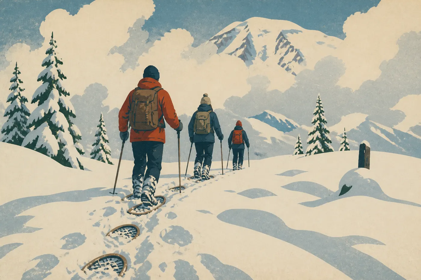 Illustration sérigraphiée : Hiver (décembre à février) : paradis blanc, accès réduit