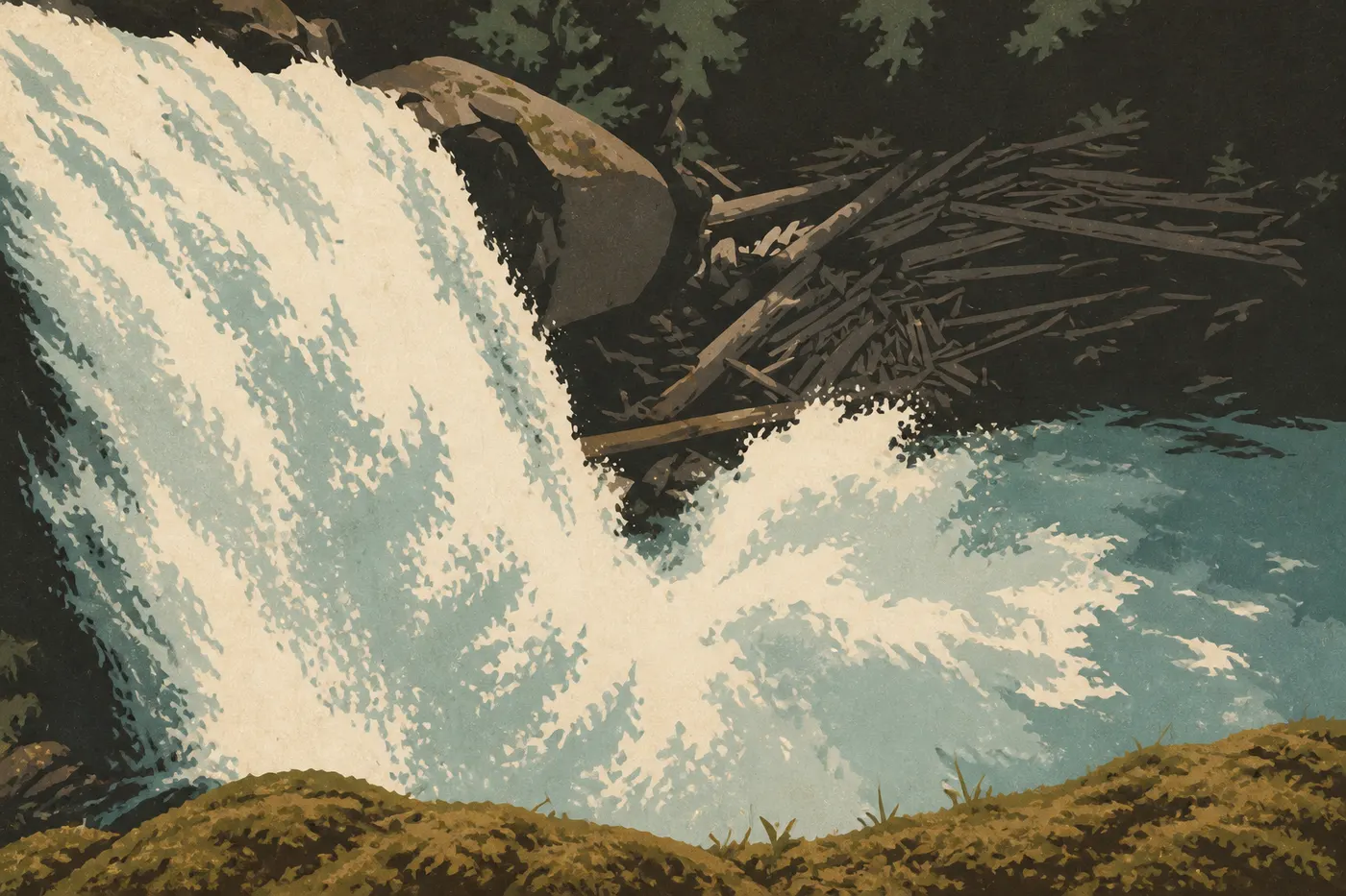 Illustration sérigraphiée : Printemps (mars à mai) : cascades, boue et retour progressif