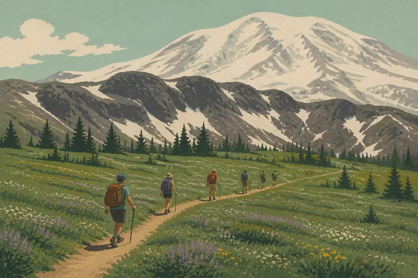Illustration sérigraphiée : Été (juin à août) : la grande saison, entre fleurs et foule