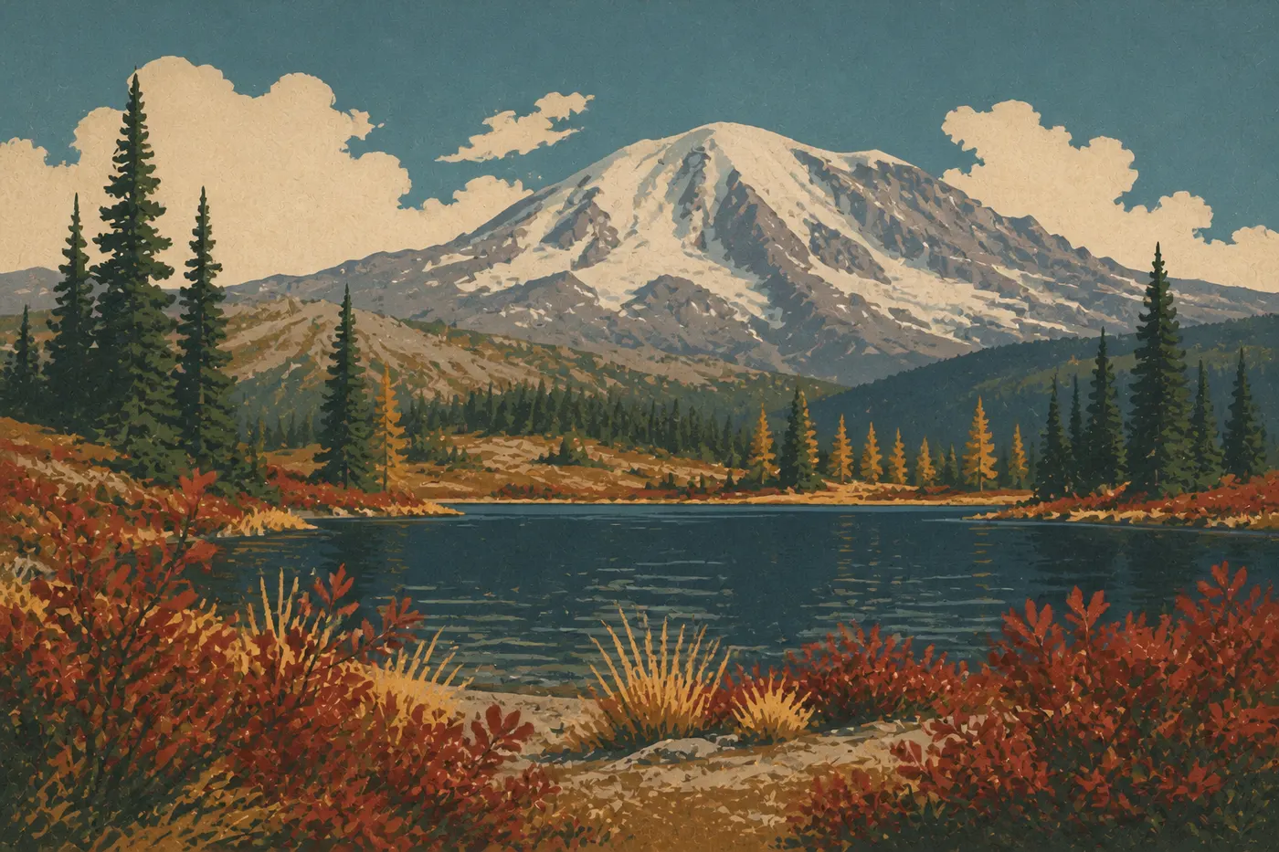 Illustration sérigraphiée : Automne (septembre à novembre) : lumières, calme et premières neiges