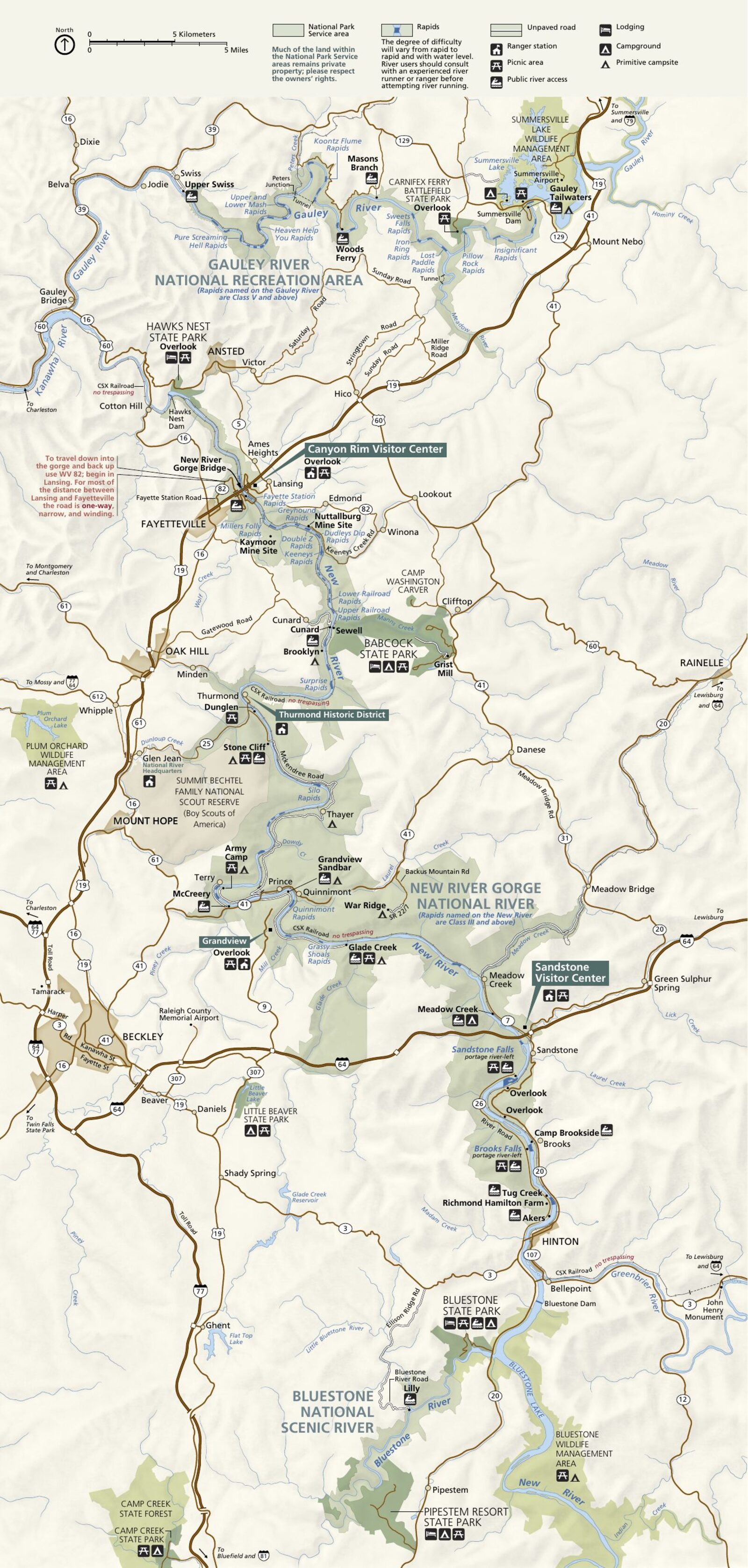 Mapa oficial NPS del parque nacional New River Gorge (Unigrid)