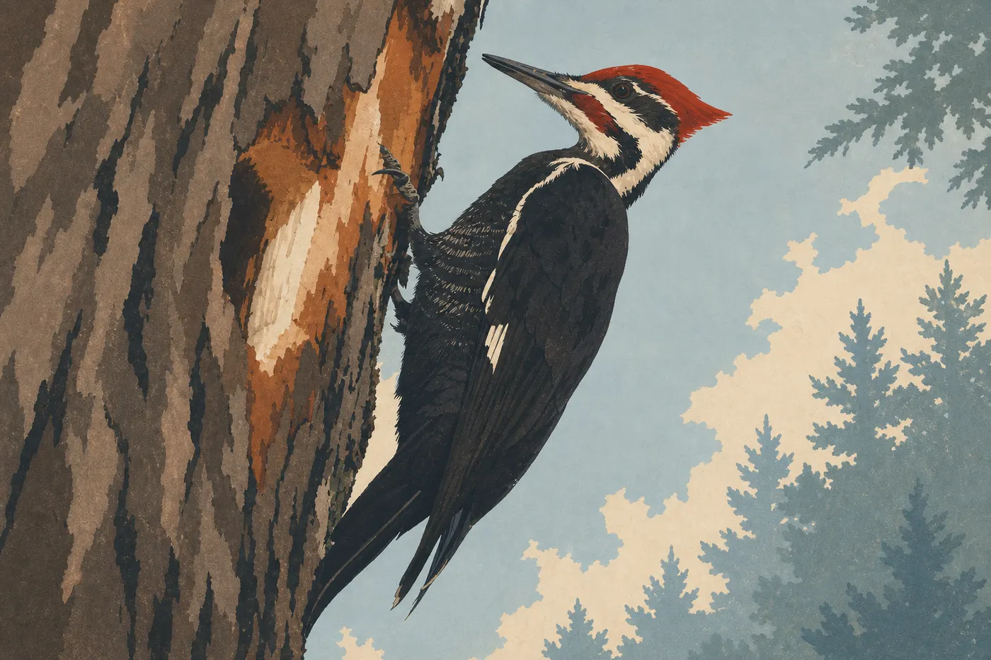 Ilustración serigrafiada: El carpintero crestado (Dryocopus pileatus)