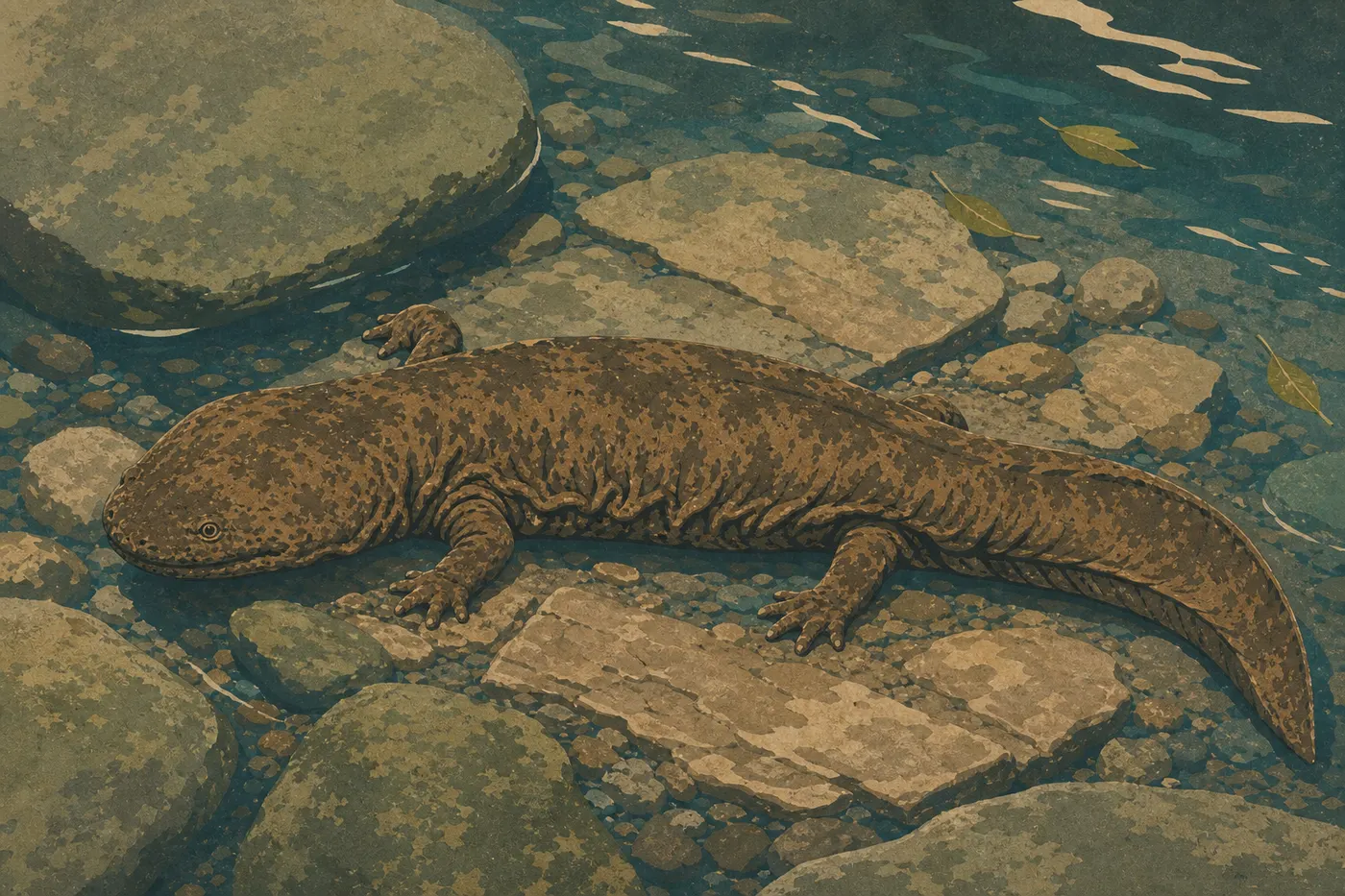 Ilustración serigrafiada: La salamandra gigante (hellbender) (Cryptobranchus alleganiensis alleganiensis)