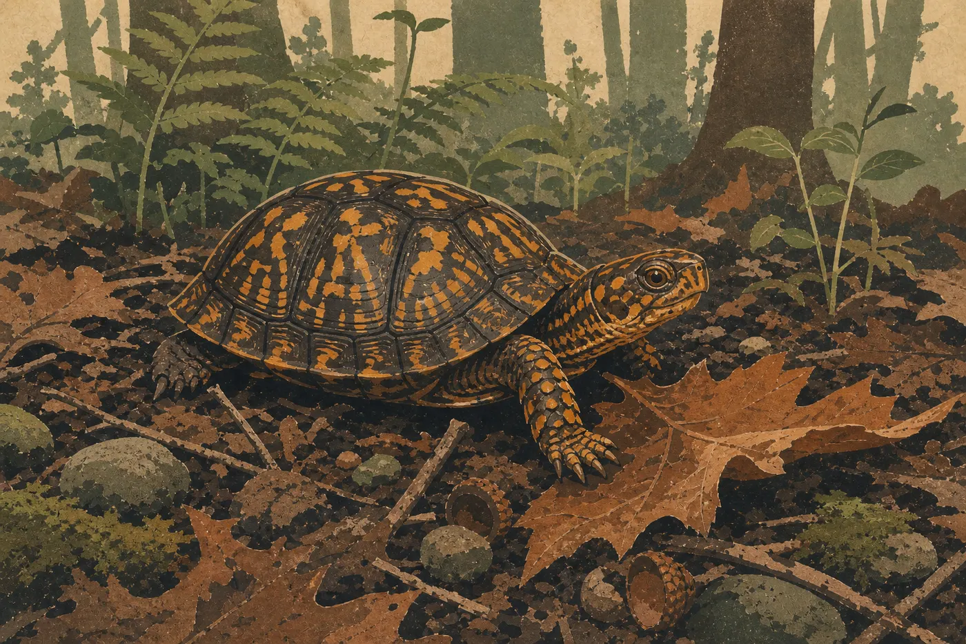 Ilustración serigrafiada: La tortuga de caja oriental (Terrapene carolina carolina)
