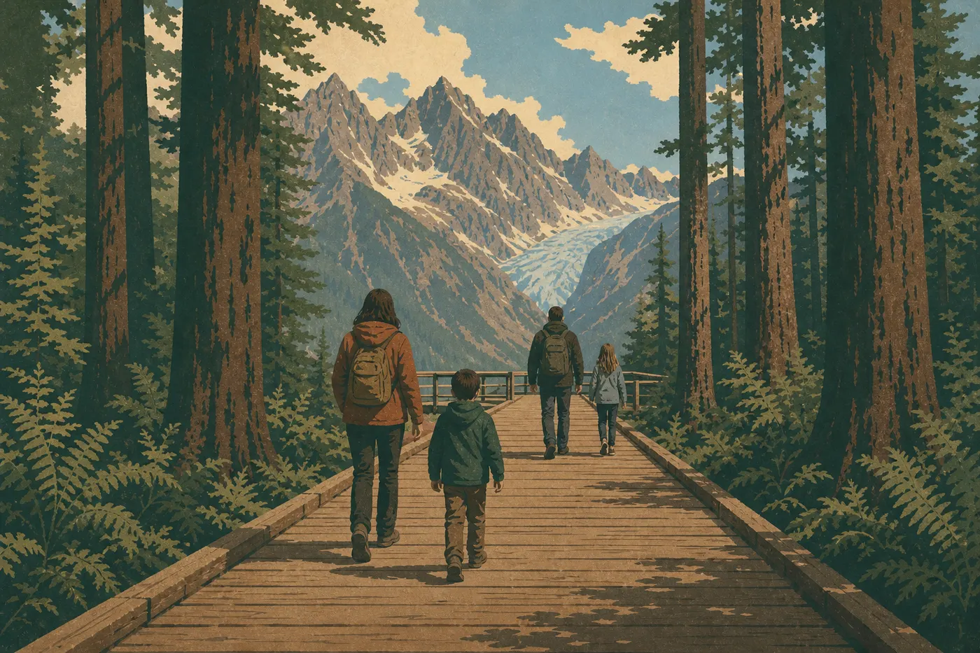 Illustration sérigraphiée : Une famille chemine sur le Sterling Munro Boardwalk vers le belvédère accessible ouvert sur Picket Range