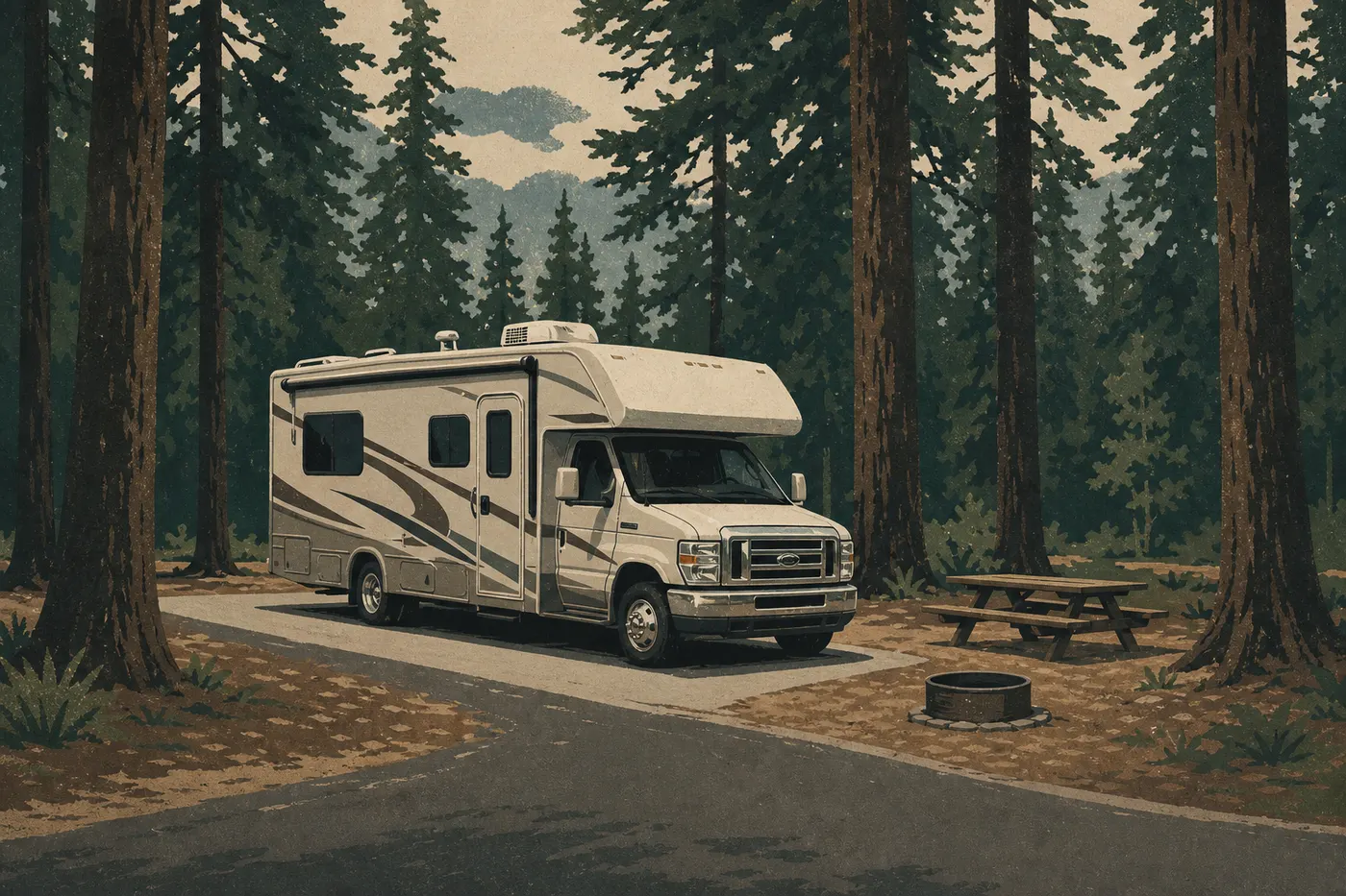 Illustration sérigraphiée : Un camping-car stationne sur un emplacement boisé de Newhalem Creek Campground près de la North Cascades Highway