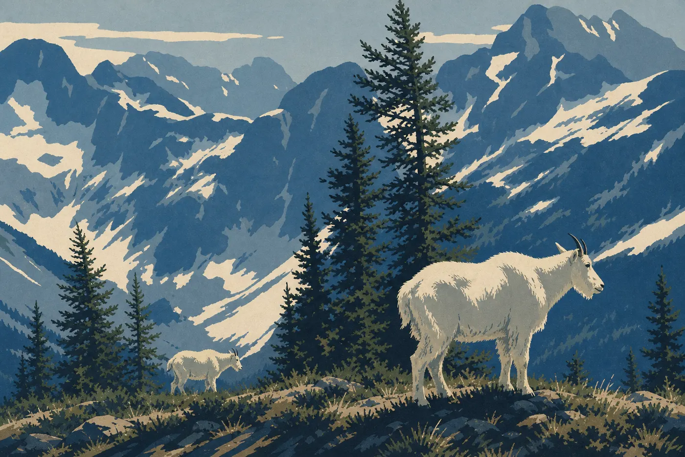 Illustration sérigraphiée : Une chèvre de montagne blanche se tient sur les rochers du secteur de Cascade Pass et Sahale Arm