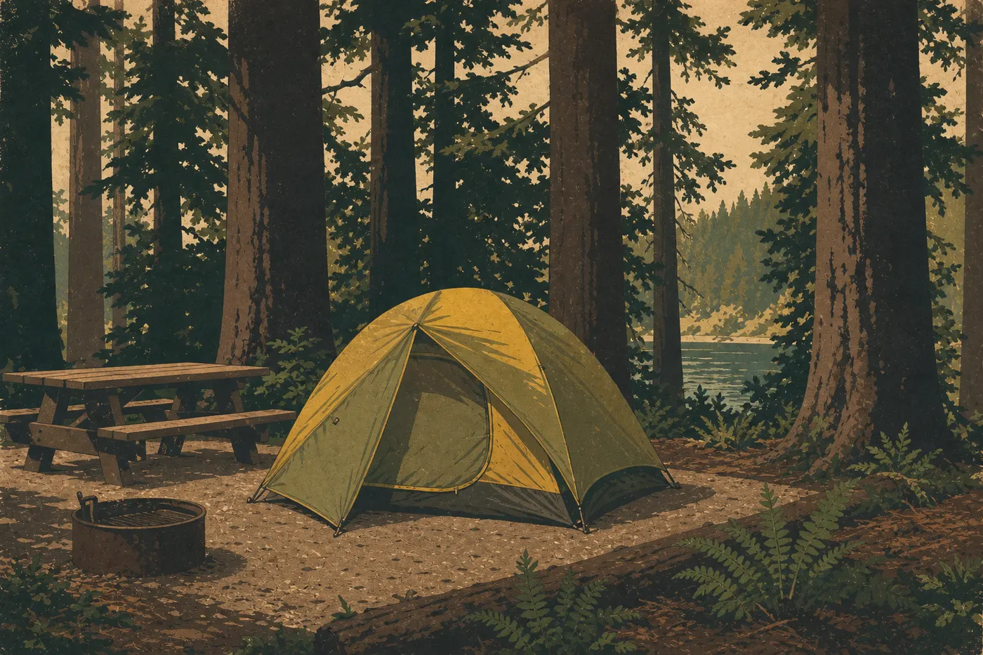 Illustration sérigraphiée : Une tente est installée sous les grands conifères de Colonial Creek Campground près de Diablo Lake