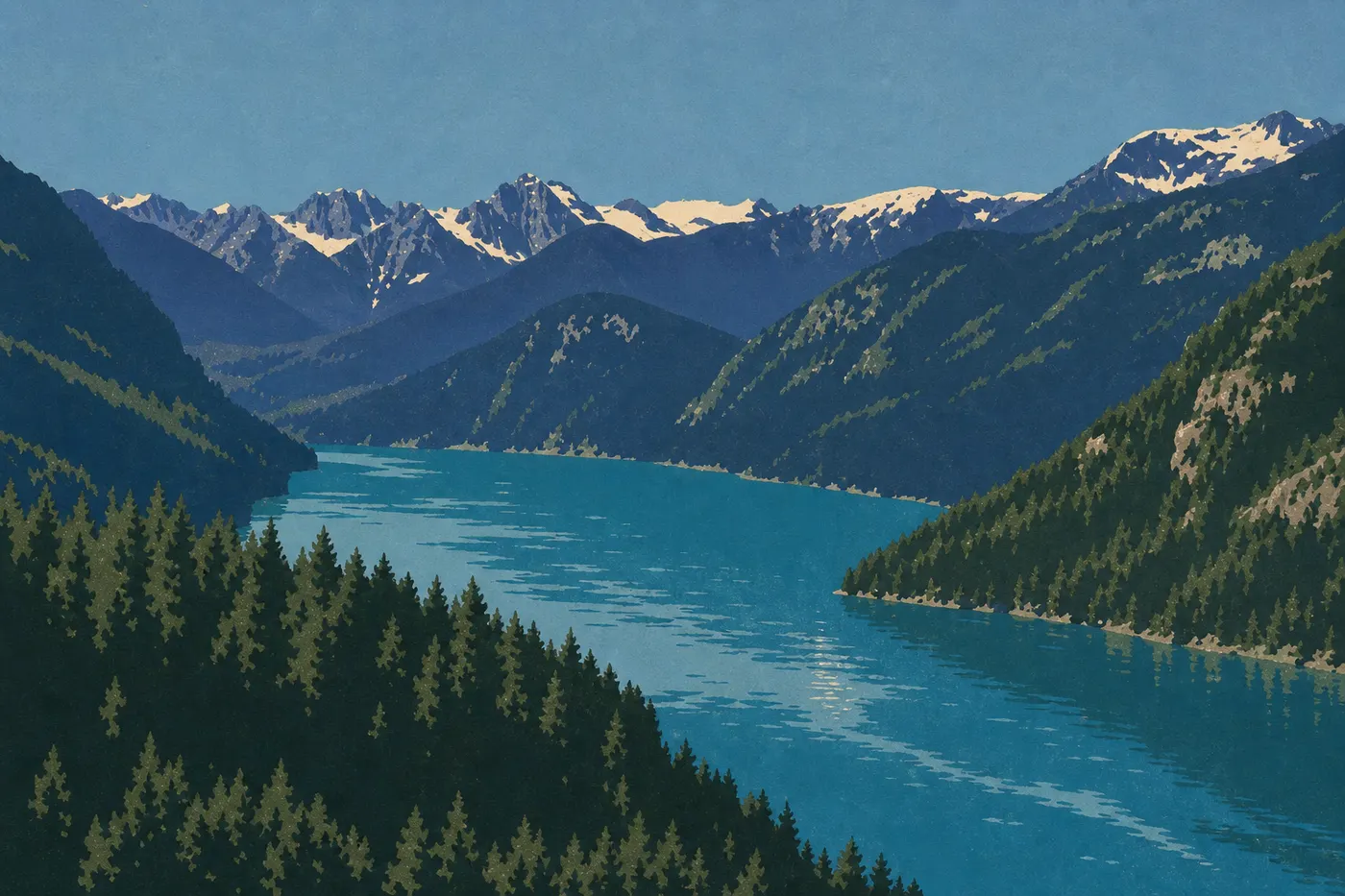 Illustration sérigraphiée : Vue plongeante depuis Diablo Lake Overlook sur les eaux turquoise, les forêts sombres et les sommets glaciaires