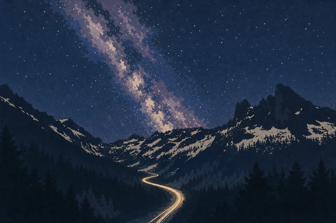 Illustration sérigraphiée : La North Cascades Highway décrit une courbe entre les conifères avec les montagnes enneigées à l'horizon