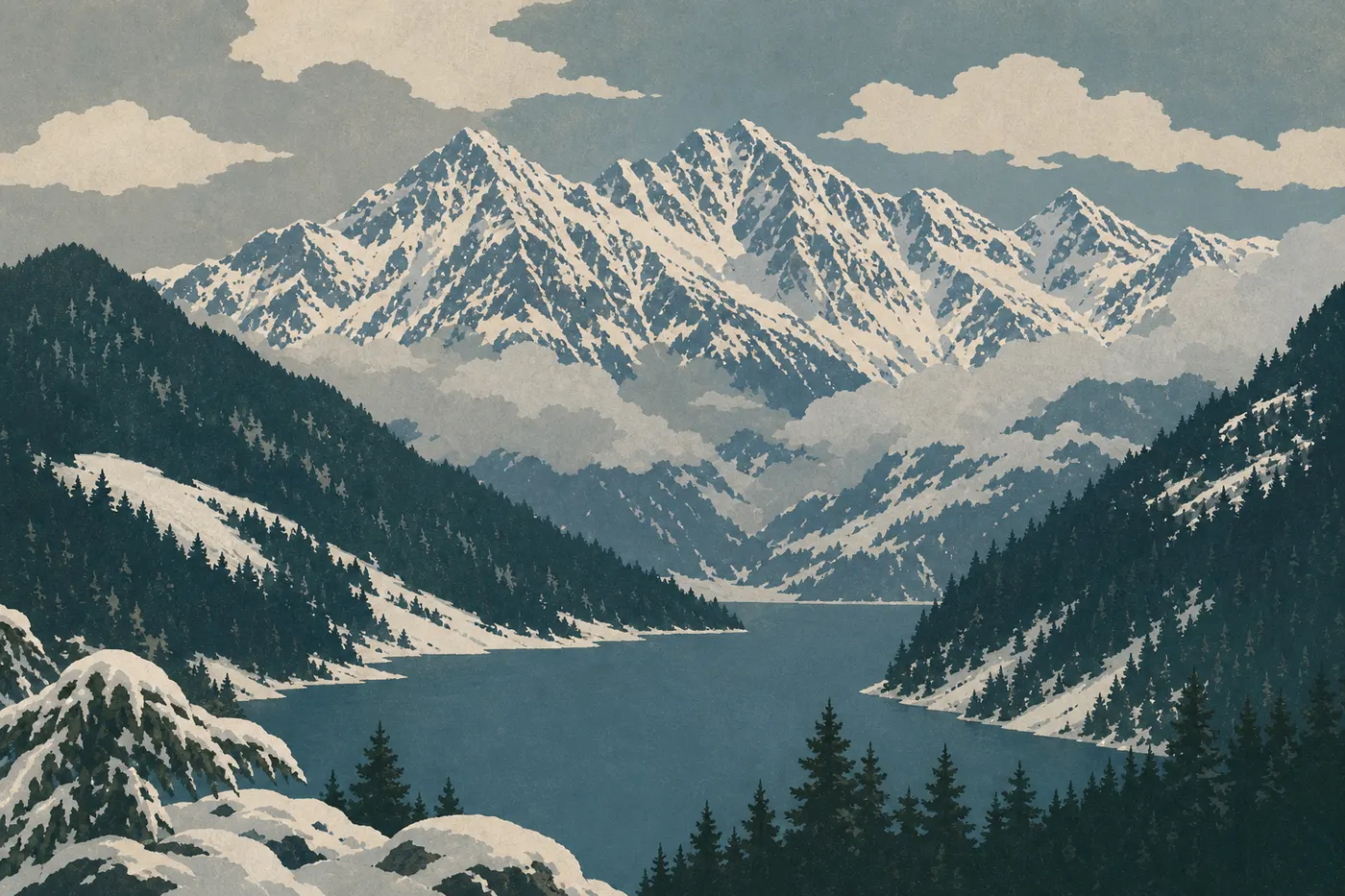 Illustration sérigraphiée : Diablo Lake et les sommets environnants apparaissent sous la neige, entre brumes hivernales et conifères sombres