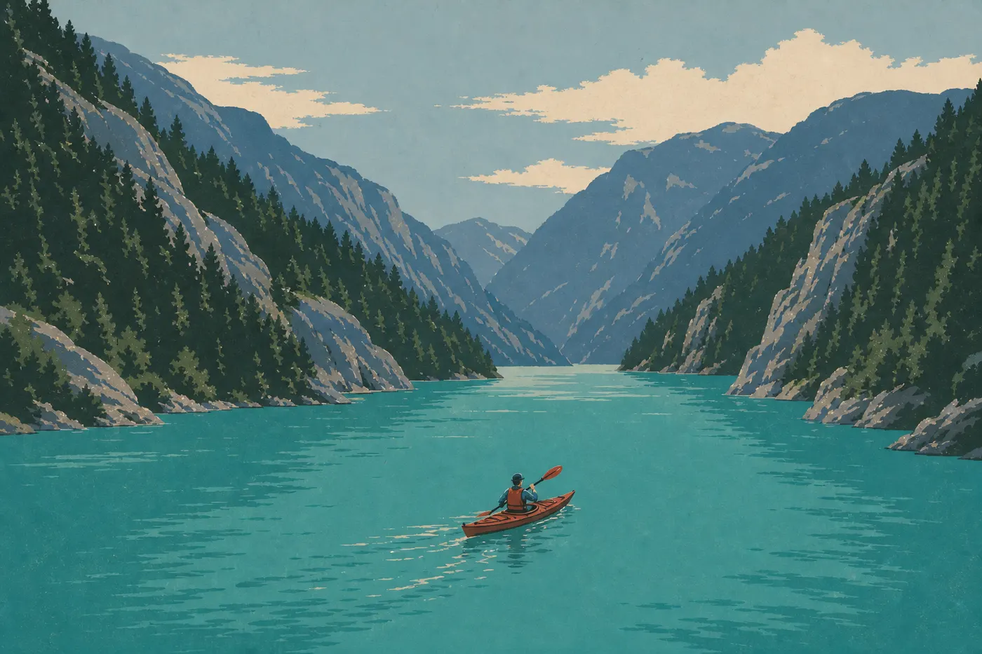Illustration sérigraphiée : Un kayak glisse sur les eaux turquoise de Diablo Lake au pied des pentes forestières escarpées