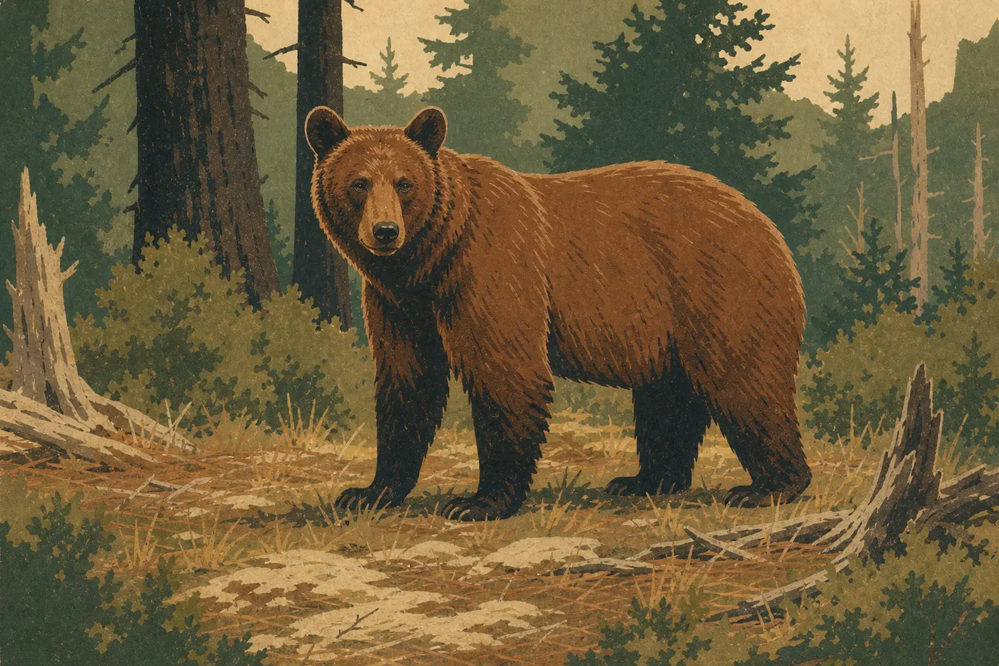 Illustration sérigraphiée : Un ours noir au pelage cannelle montre son museau droit et ses oreilles hautes dans une clairière forestière