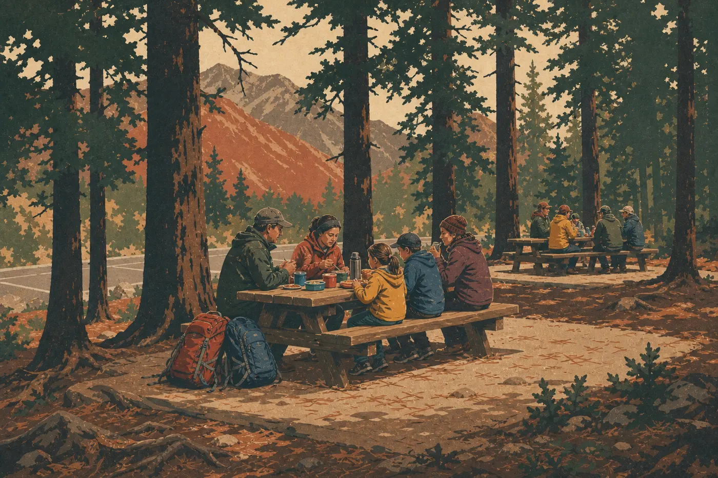 Illustration sérigraphiée : Des visiteurs déjeunent aux tables de l'aire de pique-nique de Rainy Pass entourée de conifères