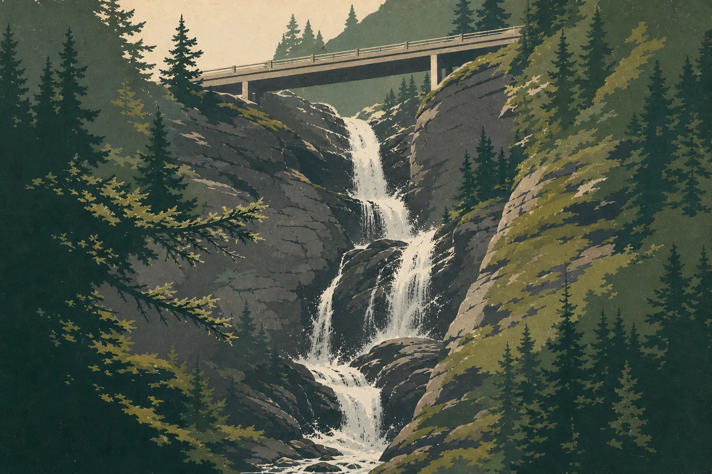 Illustration sérigraphiée : Gorge Creek Falls dévale avec la fonte printanière sous le pont de la North Cascades Highway
