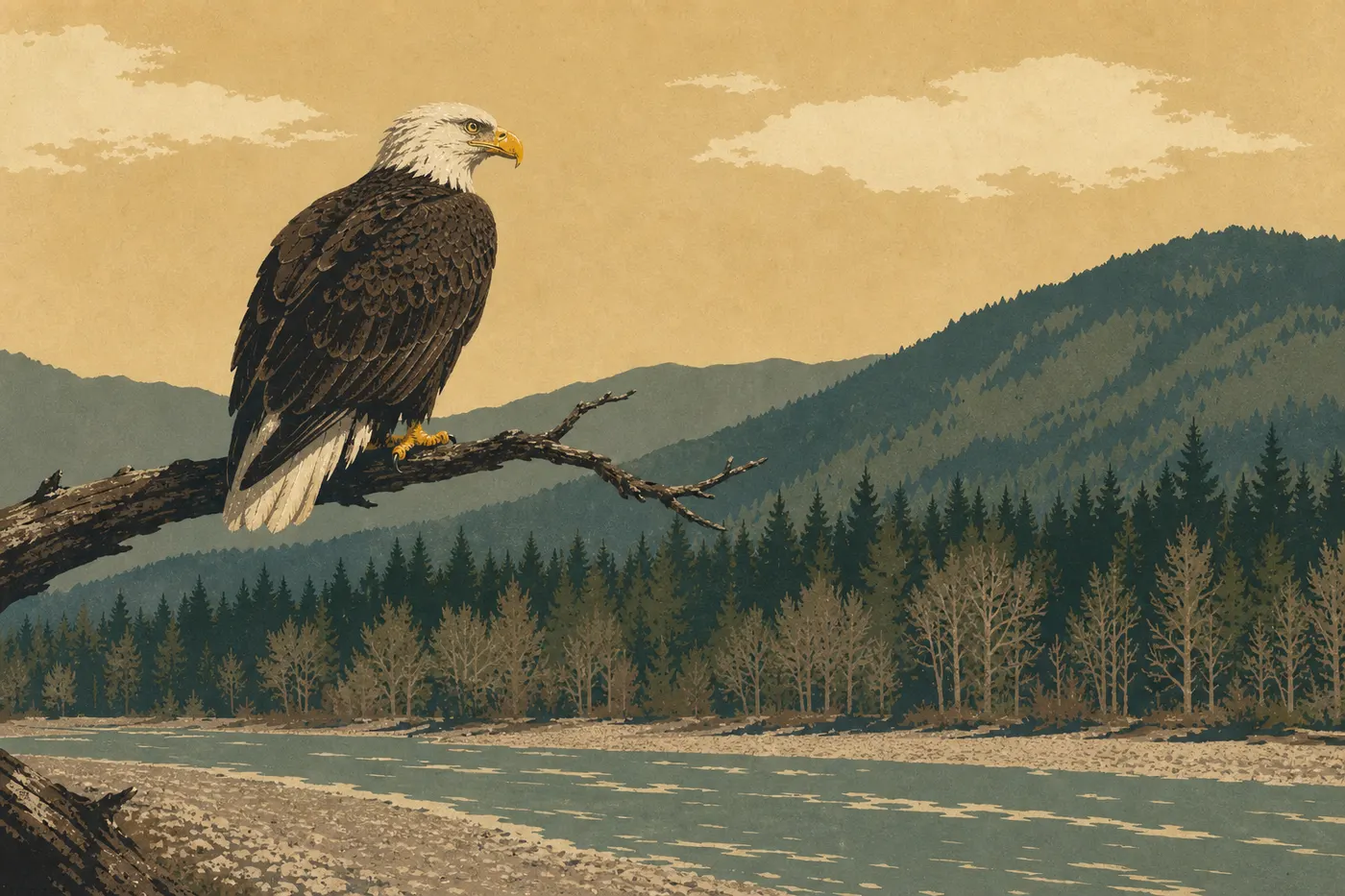 Illustration sérigraphiée : Un pygargue à tête blanche perché surveille la vallée de la Skagit au-dessus d'une rive boisée