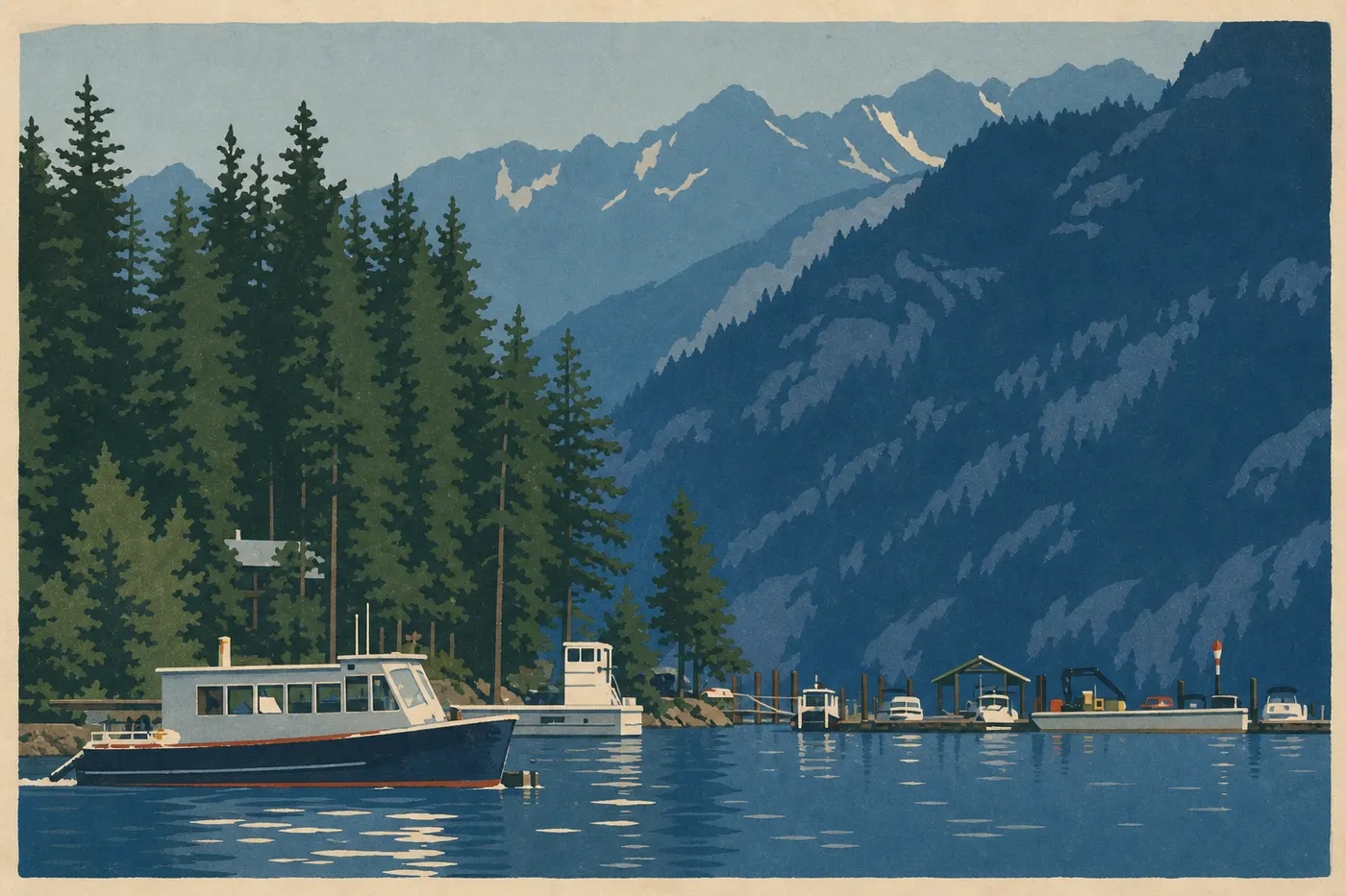 Illustration sérigraphiée : Le ferry accoste à Stehekin Landing devant les montagnes abruptes qui encadrent l'extrémité du lac Chelan
