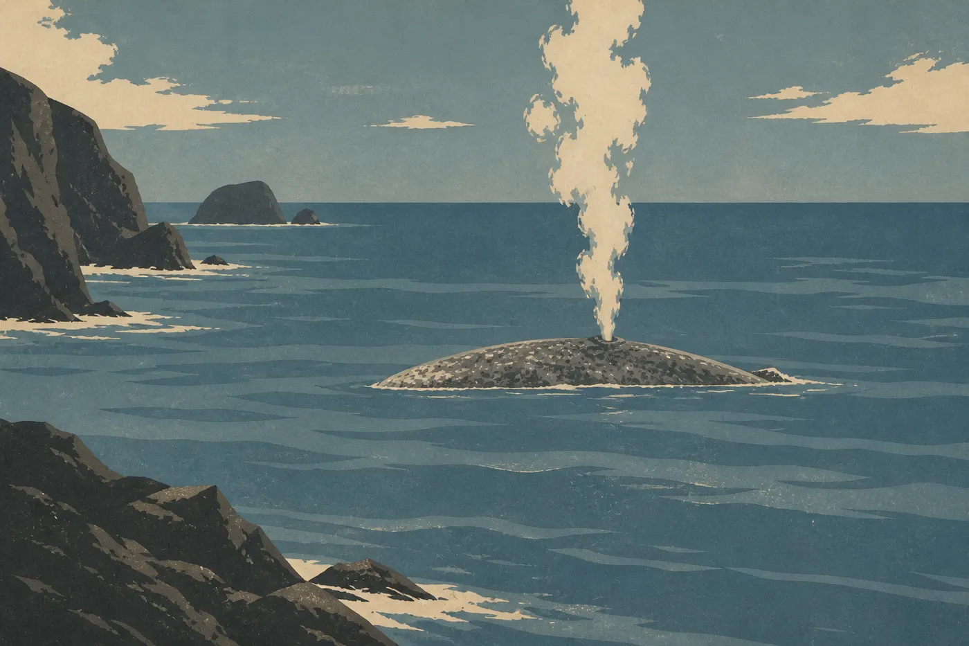 Illustration sérigraphiée : Baleine grise soufflant au large de la côte rocheuse d’Olympic pendant sa migration printanière.
