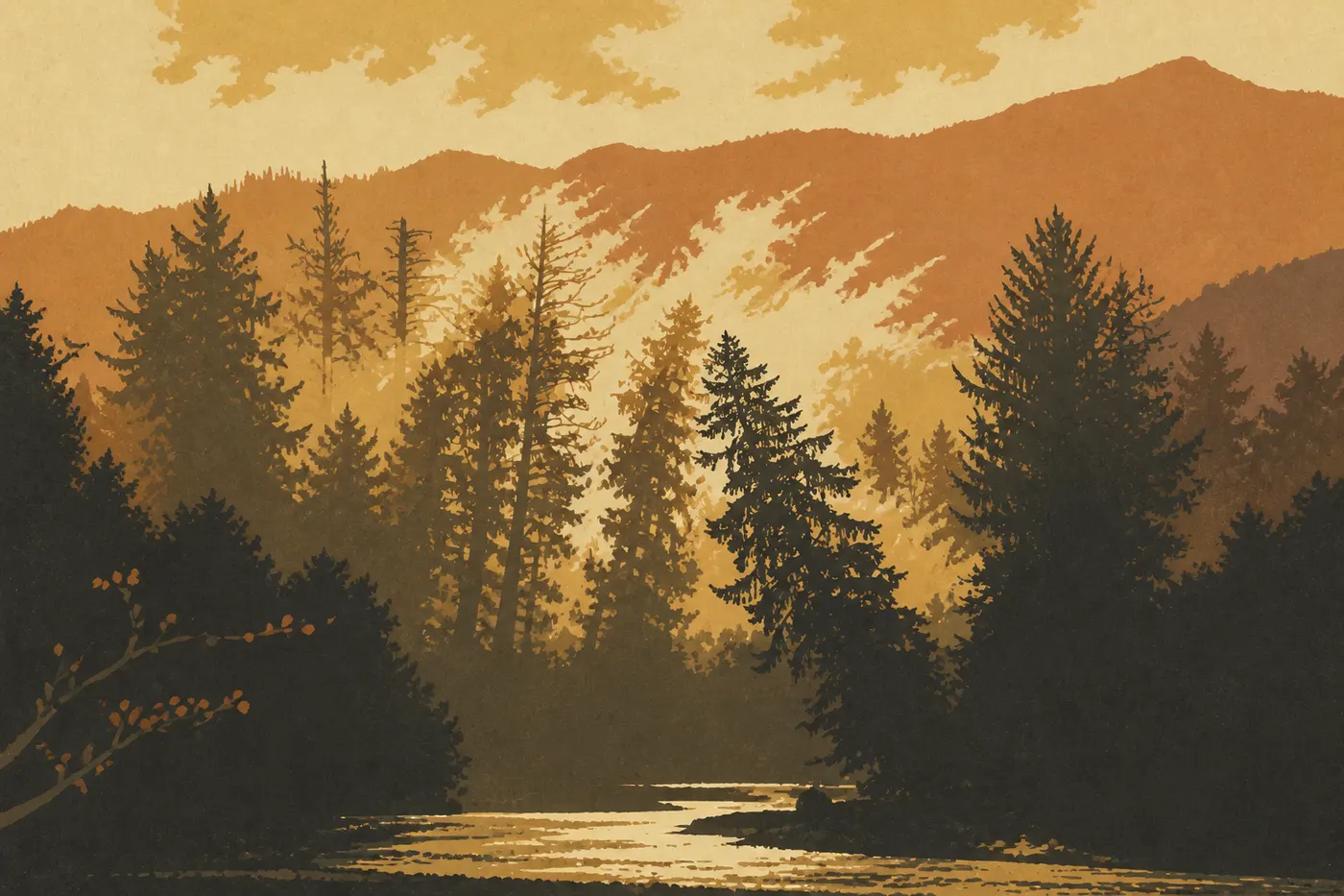 Illustration sérigraphiée : Brume pluvieuse suspendue entre les grands épicéas de Sitka et les mousses de la Hoh Rain Forest.