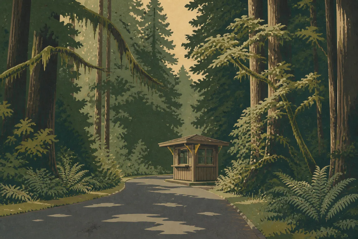 Illustration sérigraphiée : Poste d’entrée de la Hoh Rain Forest au bord de l’Upper Hoh Road forestière.