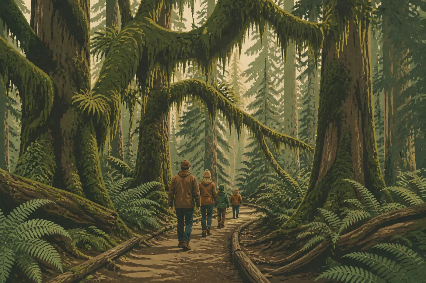 Illustration sérigraphiée : Famille marchant sur le sentier aménagé Hall of Mosses parmi fougères et érables drapés de mousse.