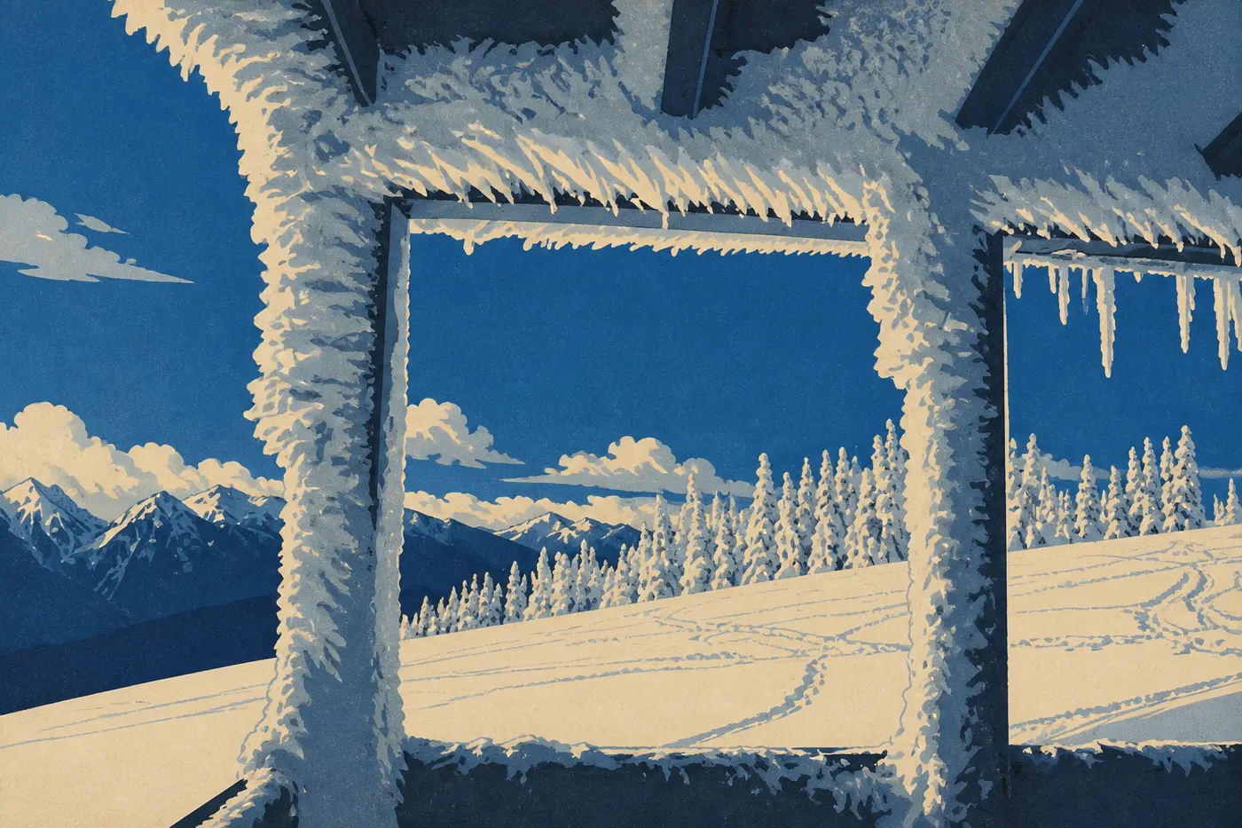 Illustration sérigraphiée : Hurricane Ridge couverte de neige fraîche sous un ciel bleu, avec les sommets Olympic en arrière-plan.