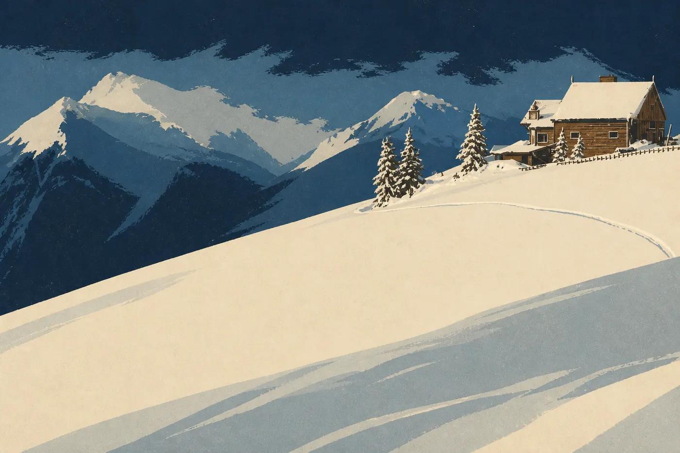 Illustration sérigraphiée : Panorama depuis Hurricane Ridge sur les prairies subalpines et les sommets enneigés de la chaîne Olympic.