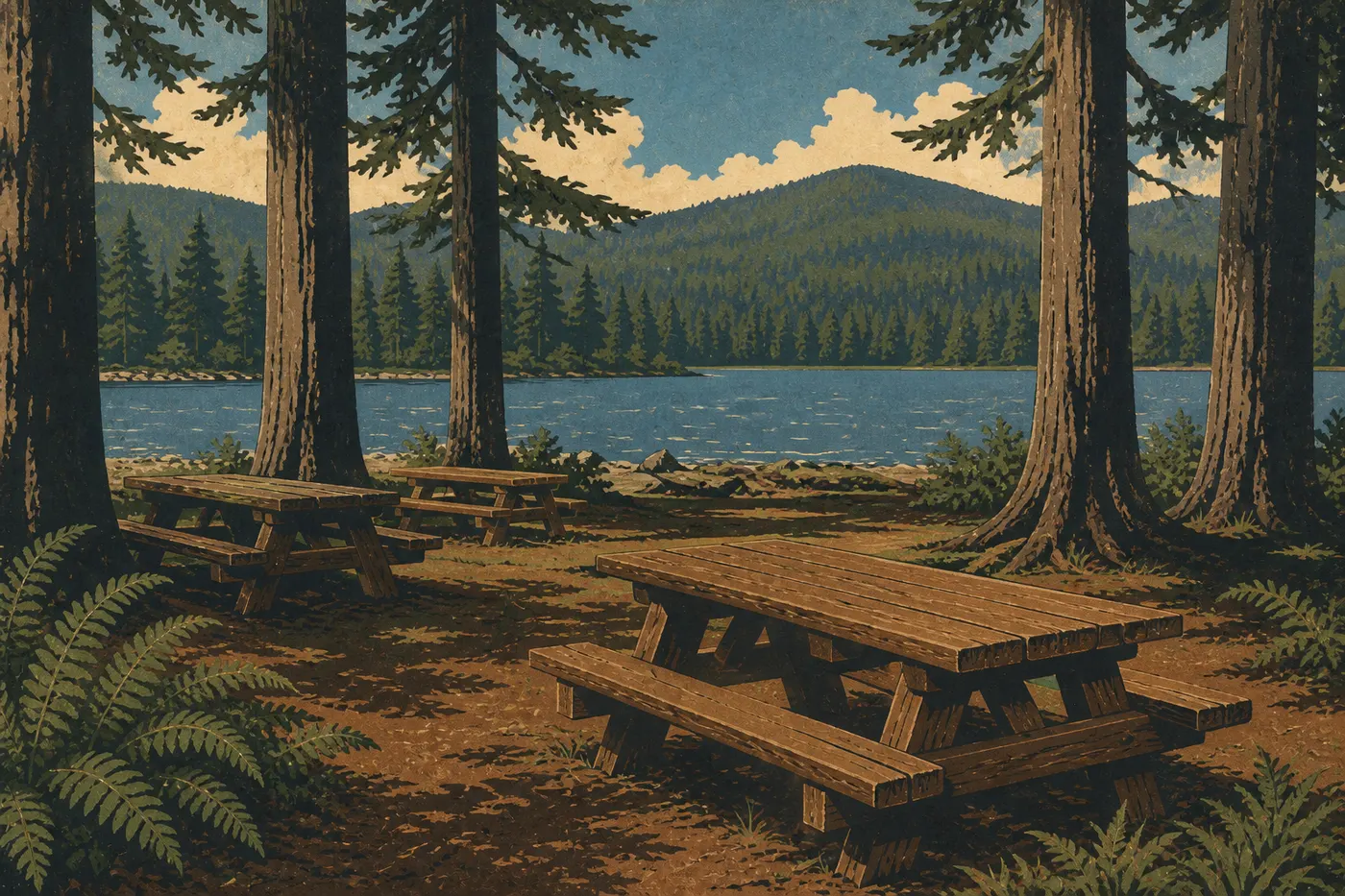 Illustration sérigraphiée : Tables de pique-nique de July Creek sous les conifères au bord du Lake Quinault.