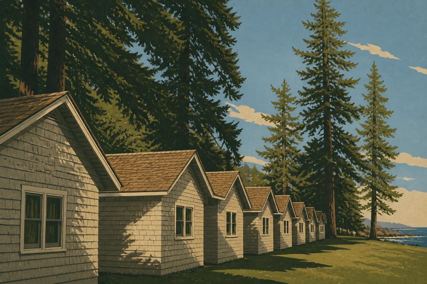 Illustration sérigraphiée : Cabines rustiques de Kalaloch Lodge alignées au-dessus de la côte sauvage du Pacifique.