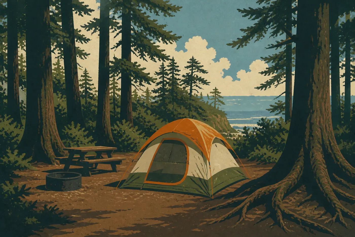 Illustration sérigraphiée : Tente installée sous les conifères du Kalaloch Campground près des falaises du Pacifique.
