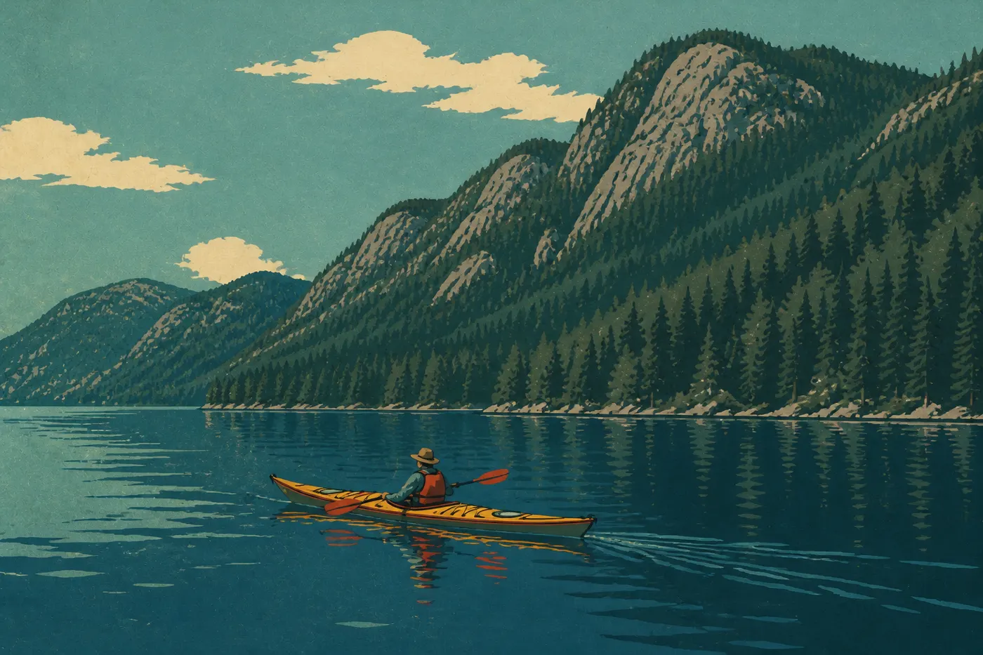 Illustration sérigraphiée : Kayakiste glissant sur les eaux calmes du Lake Crescent devant les montagnes couvertes de conifères.