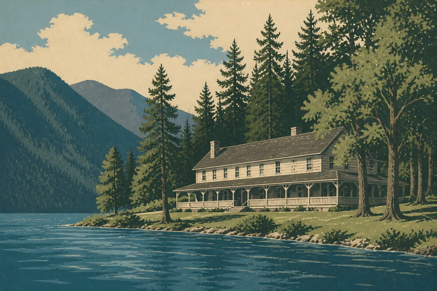 Illustration sérigraphiée : Façade historique du Lake Crescent Lodge face au lac glaciaire et aux montagnes boisées.